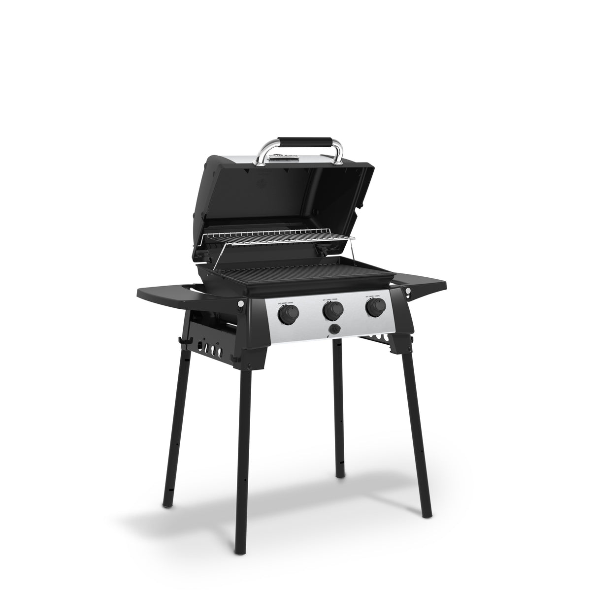 Broil King Porta-Chef 320 portable gas grill with open lid and folding side shelves