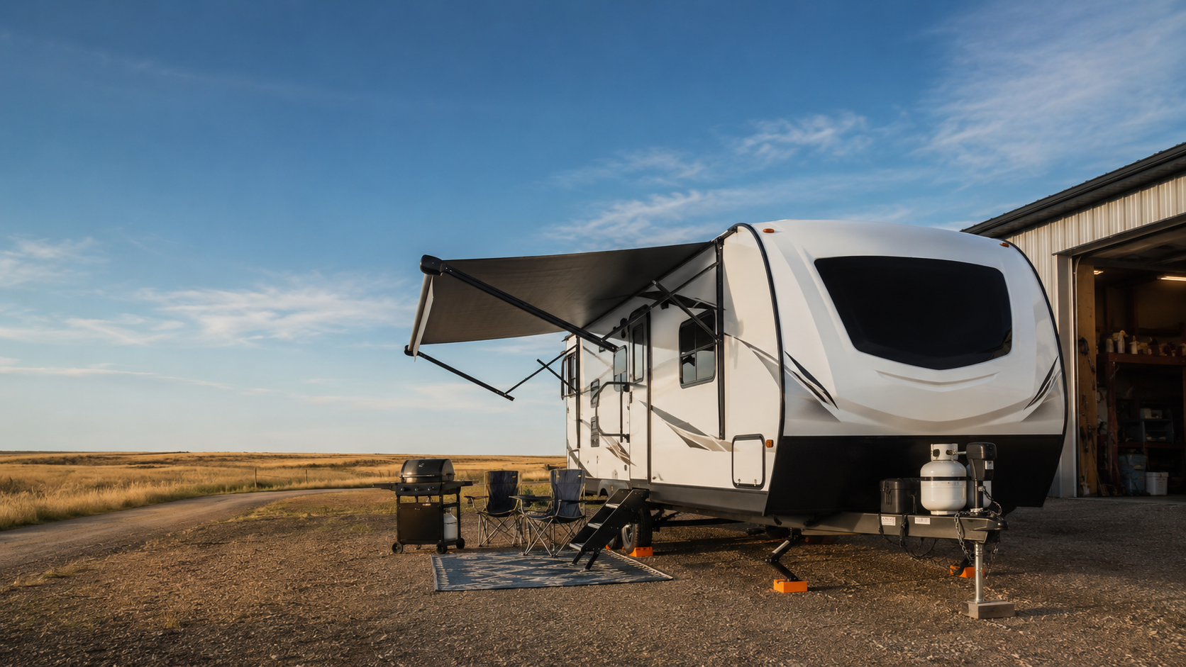 Travel trailer set up beside a rural Alberta workshop